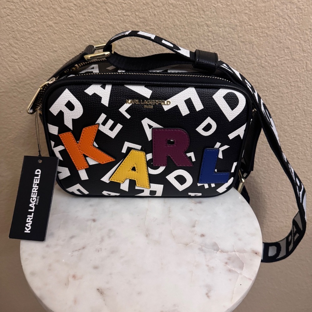 NWT Women KARL LAGERFELD  Maybelle logo black print Crossbody Bag  double zip